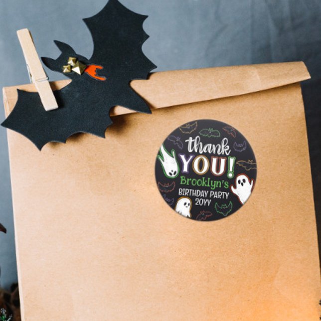 Spooky Bats & Ghosts Halloween Party Thank You Classic Round Sticker (Creator Uploaded)