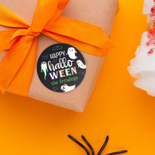 Spooky Bats & Ghosts Happy Halloween Classic Round Sticker (Creator Uploaded)