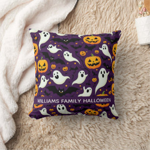 Spooky Bats Pumpkin Boo Halloween Pattern Purple Throw Pillow
