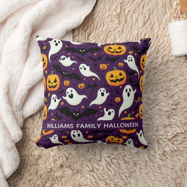 Spooky Bats Pumpkin Boo Halloween Pattern Purple Throw Pillow (Blanket)