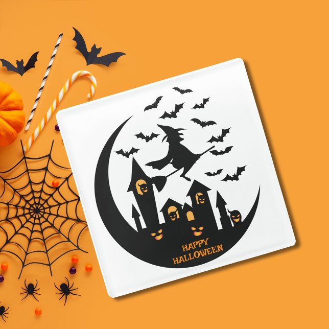 Spooky Bats & Witch Happy Halloween Custom  Glass Coaster (Creator Uploaded)