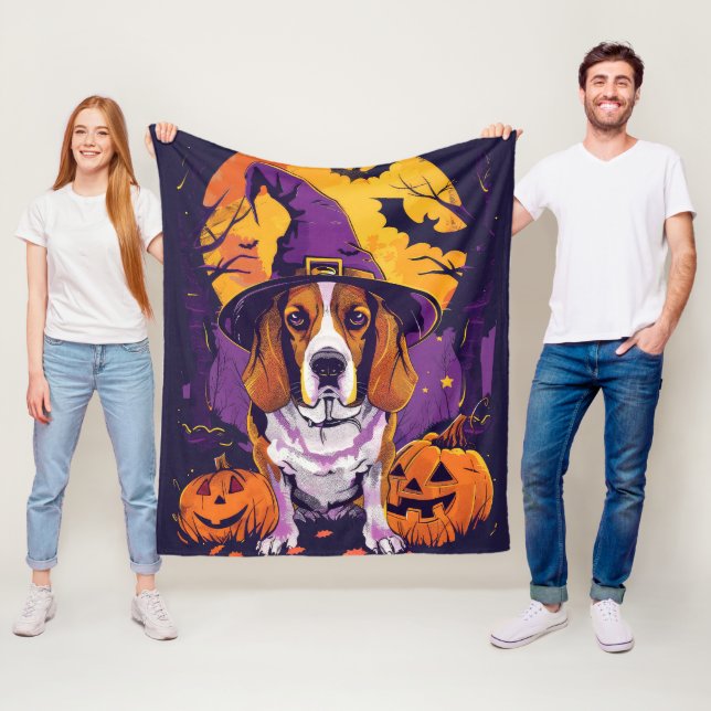 Spooky Beagle Halloween Witch And Pumpkin Fleece Blanket (In Situ)