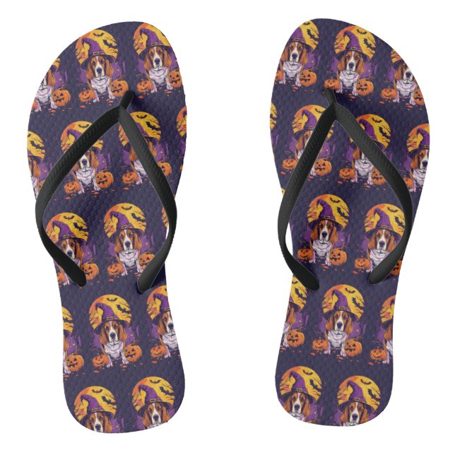 Spooky Beagle Halloween Witch And Pumpkin Flip Flops (Footbed)
