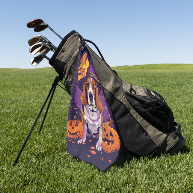 Spooky Beagle Halloween Witch And Pumpkin Golf Towel (Green)