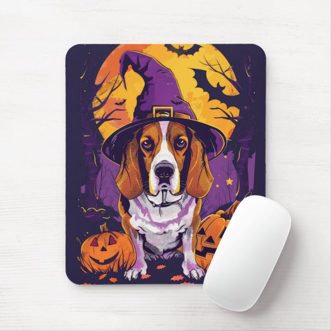 Spooky Beagle Halloween Witch And Pumpkin Mouse Pad (With Mouse)