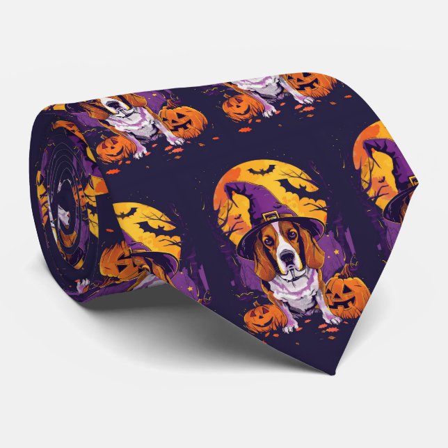 Spooky Beagle Halloween Witch And Pumpkin Tie (Rolled)