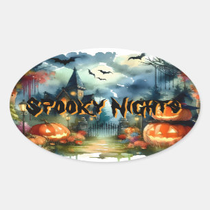 Spooky & Beautiful Halloween Landscape Watercolor Oval Sticker