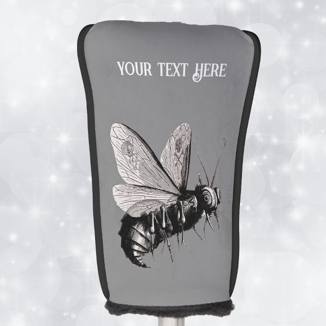 Spooky Bee Drawing in Black Skull on Wings Grey Golf Head Cover (Creepy black and white Gothic bee skulls on wings on grey golf putter cover.)