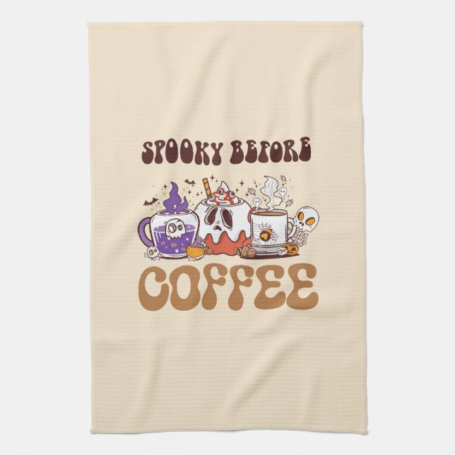Spooky Before Coffee – Funny Ghost Coffee Brew Kitchen Towel (Vertical)