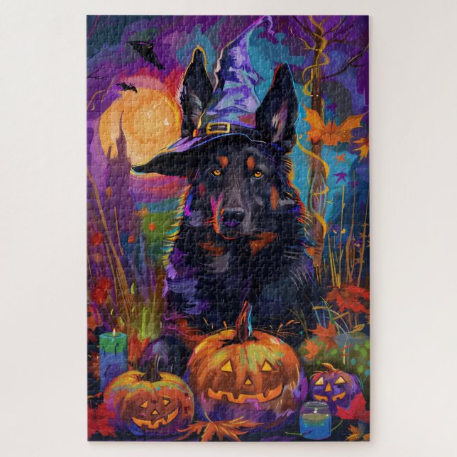 Spooky Belgian Shepherd Halloween Witch Pumpkin Jigsaw Puzzle (Vertical)