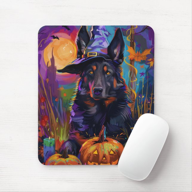 Spooky Belgian Shepherd Halloween Witch Pumpkin Mouse Pad (With Mouse)