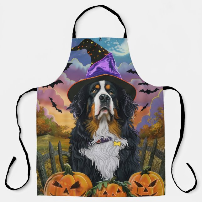 Spooky Bernese Mountain Halloween Witch Pumpkin Apron (Front)