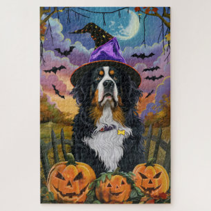 Spooky Bernese Mountain Halloween Witch Pumpkin Jigsaw Puzzle