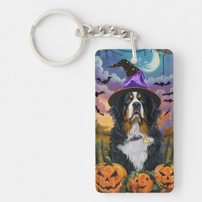 Spooky Bernese Mountain Halloween Witch Pumpkin Keychain (Front)