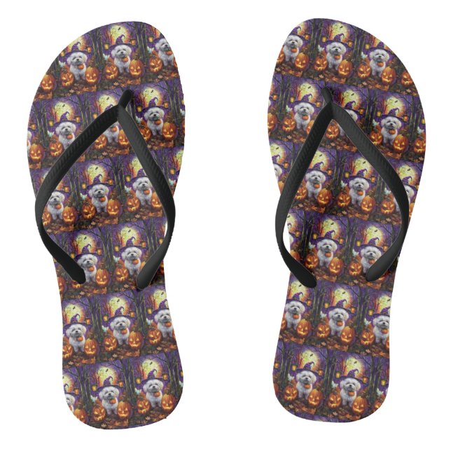 Spooky Bichon Frise Halloween Witch And Pumpkin Flip Flops (Footbed)