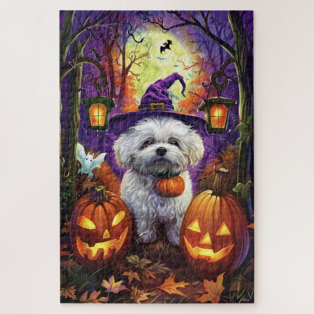 Spooky Bichon Frise Halloween Witch And Pumpkin Jigsaw Puzzle (Vertical)