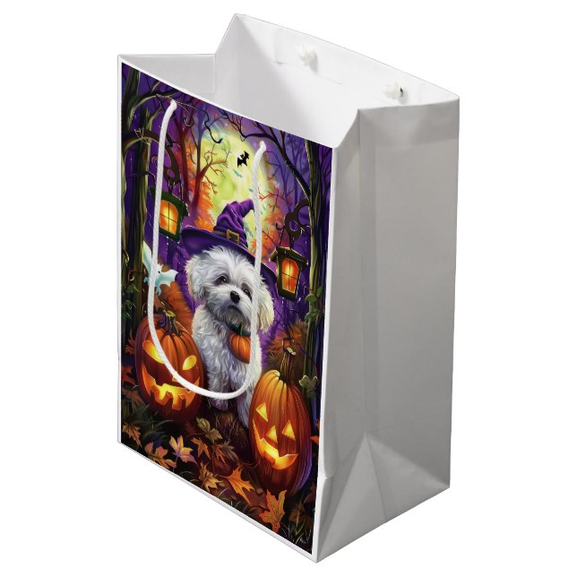 Spooky Bichon Frise Halloween Witch And Pumpkin Medium Gift Bag (Front Angled)