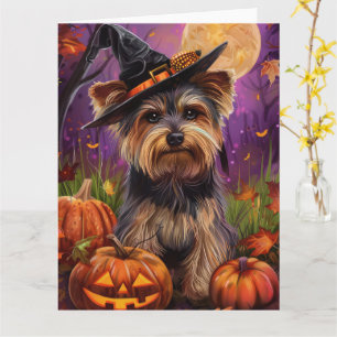 Spooky Biewer Terrier Halloween Witch And Pumpkin Card