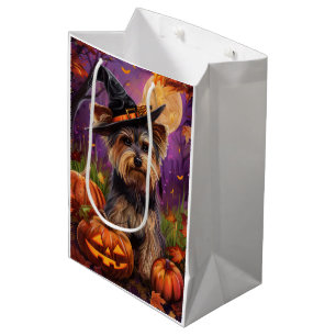 Spooky Biewer Terrier Halloween Witch And Pumpkin Medium Gift Bag
