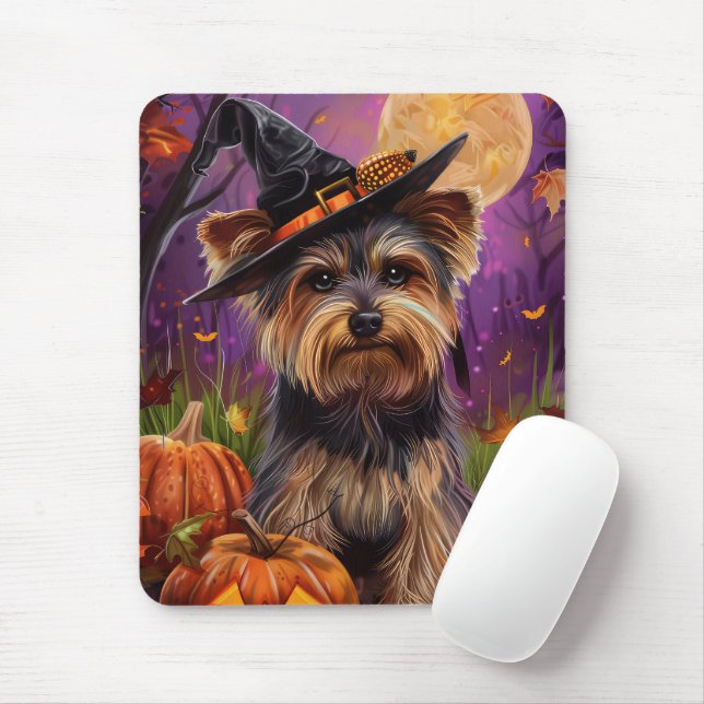 Spooky Biewer Terrier Halloween Witch And Pumpkin Mouse Pad (With Mouse)