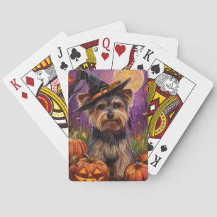 Spooky Biewer Terrier Halloween Witch And Pumpkin Playing Cards