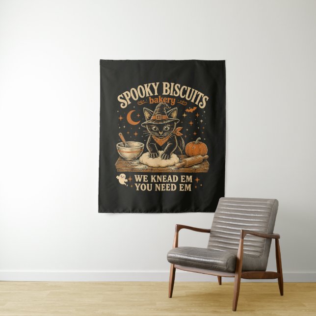 Spooky Biscuits Bakery Black Cat Halloween Tapestry (In Situ)