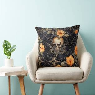 SPOOKY BLACK AND ORANGE GOTHIC HALLOWEEN SCENE THROW PILLOW