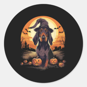 Spooky Black And Tan Coonhound Dog Witch Halloween Classic Round Sticker