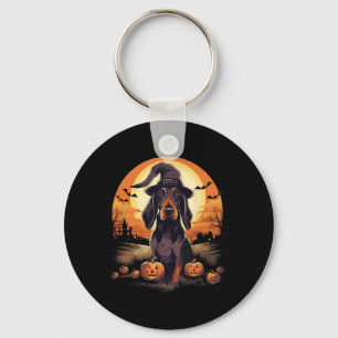 Spooky Black And Tan Coonhound Dog Witch Halloween Keychain