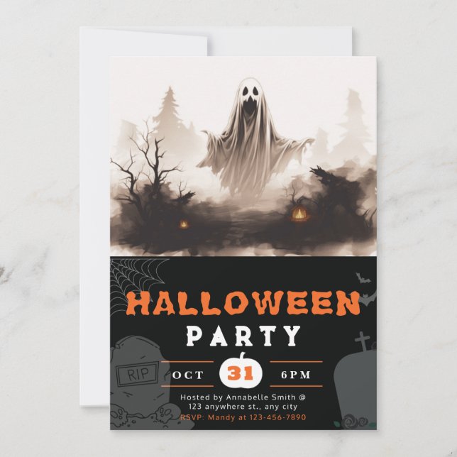 Spooky Black and White Ghost Creepy Halloween Invitation (Front)