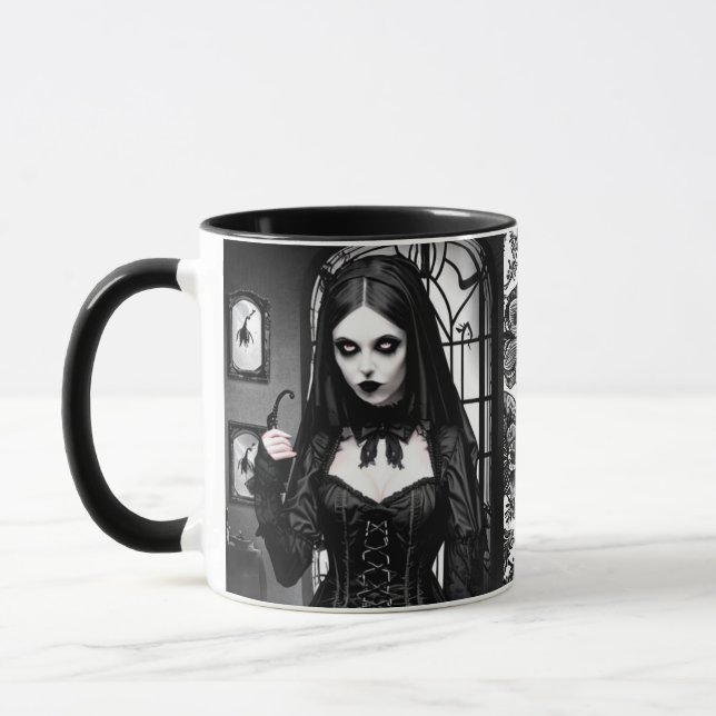 Spooky Black and White Gothic Girl  Mug (Left)