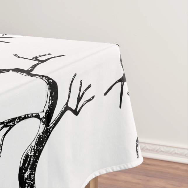 Spooky Black and White Oak Tree Halloween Party Tablecloth (In Situ)
