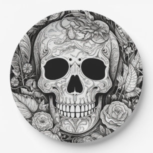 Spooky black and white skull Halloween Paper Plate