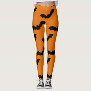 Spooky Black Bats Pattern Halloween Orange Leggings