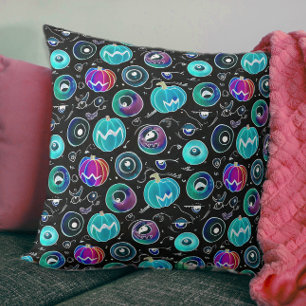 Spooky Black Blue Monster Eyeball Pumpkin Doodles Throw Pillow
