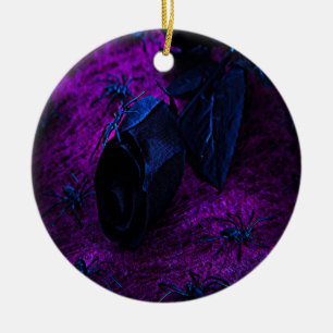 Spooky Black Blue Rose, Black Spiders, Purple, ZSG Ceramic Ornament