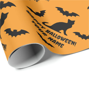 Spooky black cat and bats custom Halloween Wrapping Paper