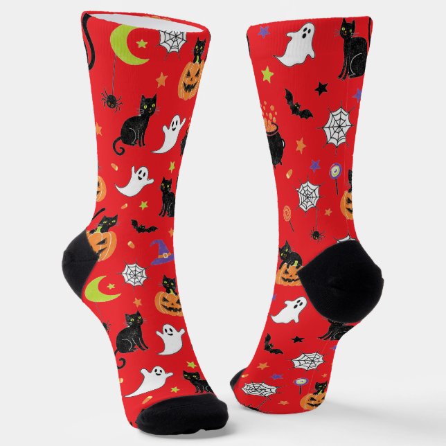 Spooky Black Cat & Ghost Halloween Pattern Socks (Angled)