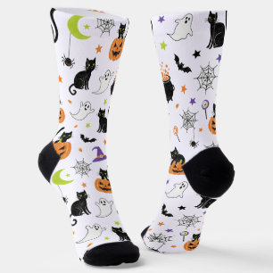 Spooky Black Cat & Ghost Halloween Pattern Socks