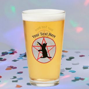 Spooky Black Cat Gold Star Red Pentagram on Grey Glass