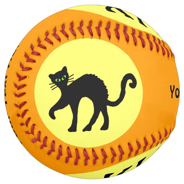 Spooky Black Cat Green Eyes Yellow Orange Softball (Front Left)