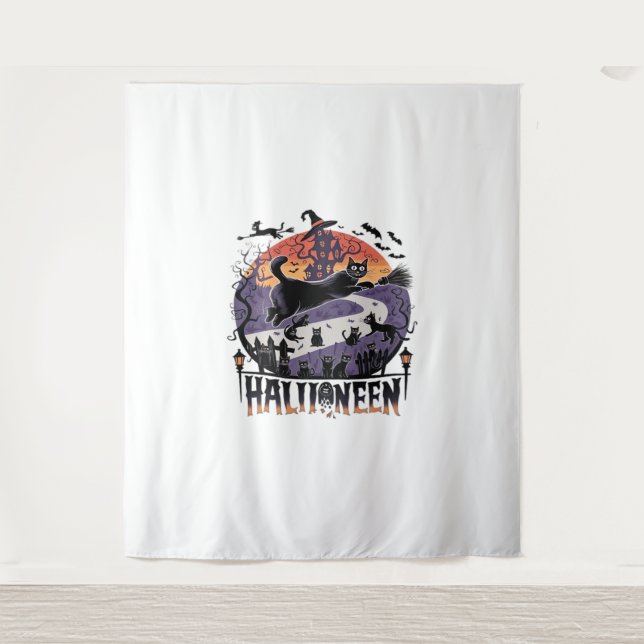 Spooky Black Cat Halloween Night – Vintage Haunted Tapestry (Front)