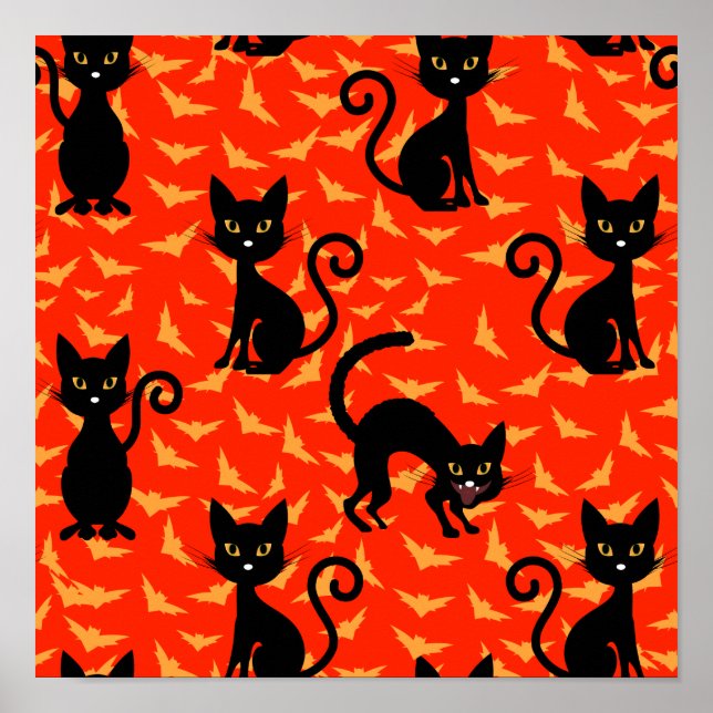 Spooky Black Cat Halloween Orange Bats Poster (Front)