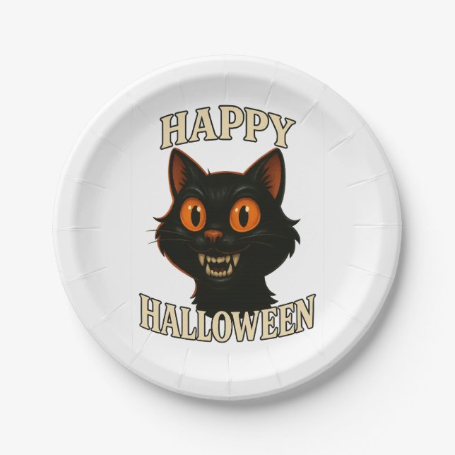 Spooky Black Cat Halloween Party Paper Plate (Front)