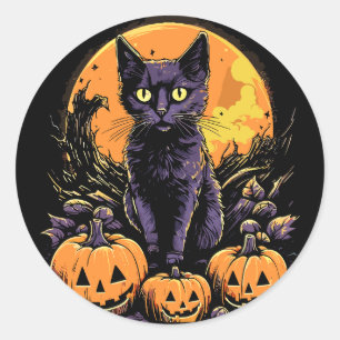 Spooky Black Cat Halloween Pumpkin Classic Round Sticker