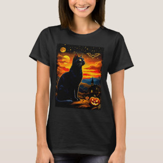 Spooky Black Cat Halloween Pumpkin Patch Party T-Shirt