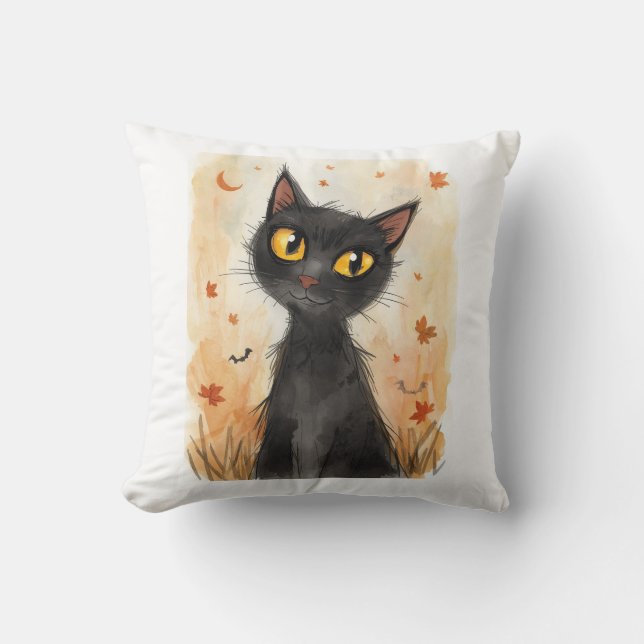 Spooky Black Cat Halloween Throw Pillow. Throw Pillow (Front)