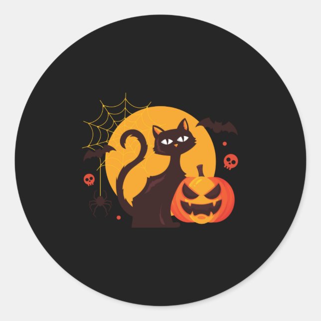Spooky black cat haloween pumpkins creepy classic round sticker (Front)