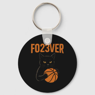 Spooky Black Cat Holding Sketll Halloween Scene Keychain