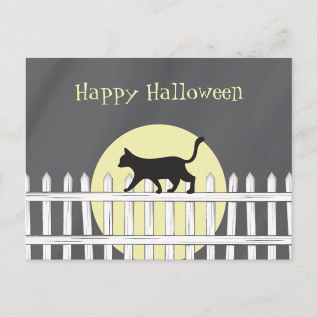 Spooky Black Cat on Picket Fence Postcard (Front)